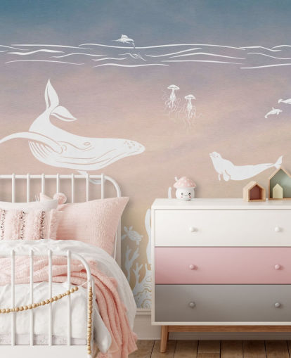 papier peint mural monochrome rose et aqua pour enfants appelé Monochrome Sea - Pink Aqua de Kikki Belle pour les crèches
