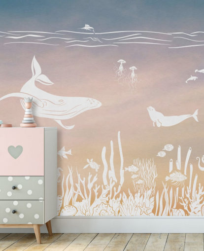 rosa och aqua monokrom barntapet väggmålning som heter Monochrome Sea - Pink Aqua av Kikki Belle för plantskolor