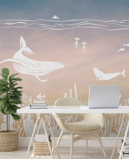 mural de papel pintado infantil monocromo rosa y aguamarina llamado Monochrome Sea - Pink Aqua de Kikki Belle para guarderías mural de papel pintado infantil monocromo rosa y aguamarina llamado Monochrome Sea - Pink Aqua de Kikki Belle para guarderías