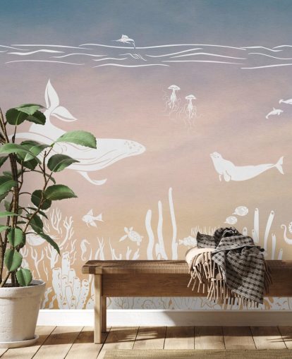 pink and aqua monochrome childrens wallpaper mural called Monochrome Sea - Pink Aqua by Kikki Belle for nurseries pink and aqua monochrome childrens wallpaper mural called Monochrome Sea - Pink Aqua by Kikki Belle for nurseries