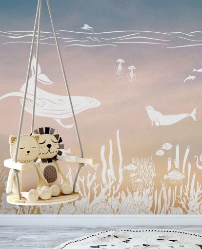 pink and aqua monochrome childrens wallpaper mural called Monochrome Sea - Pink Aqua by Kikki Belle for nurseries