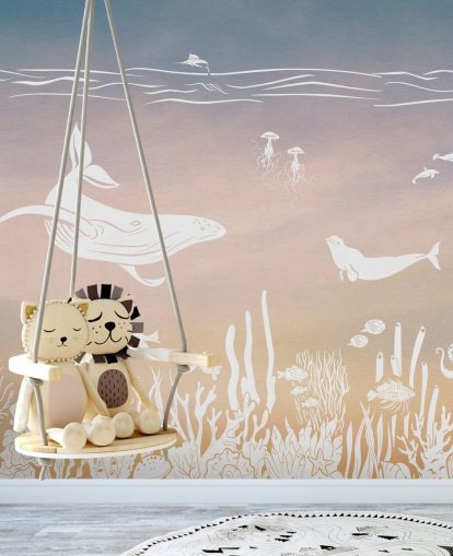 rosa och aqua monokrom barntapet väggmålning som heter Monochrome Sea - Pink Aqua av Kikki Belle för plantskolor