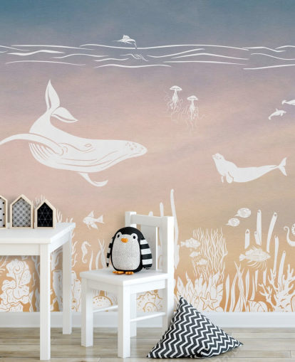 vaaleanpunainen ja vesimalkoinen lasten taustakuvamaalaus nimeltään Monochrome Sea - Pink Aqua by Kikki Belle lastentarhoille