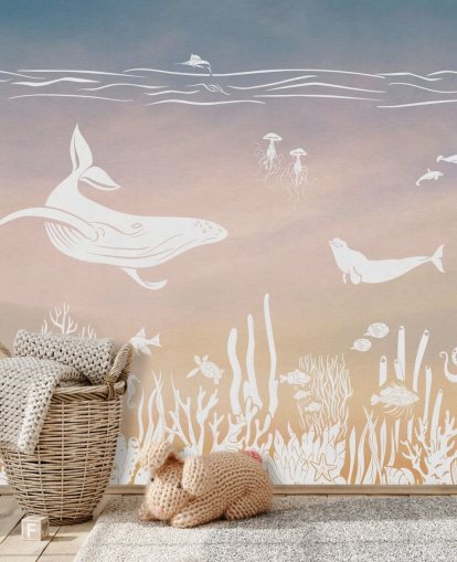 carta da parati murale monocromatica per bambini rosa e acqua chiamata Monochrome Sea - Pink Aqua di Kikki Belle per asili nido