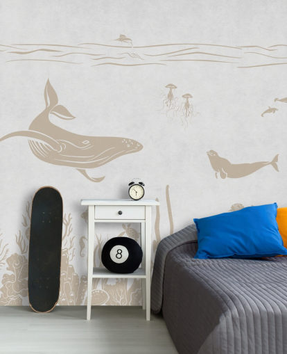 wit oceaanbehang genaamd Monochrome Sea - Vintage White van Kikki Belle voor kinderkamers en kinderdagverblijven wit oceaanbehang genaamd Monochrome Sea - Vintage White van Kikki Belle voor kinderkamers en kinderdagverblijven