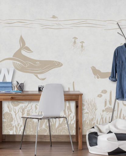 papel pintado blanco con forma de océano llamado Monochrome Sea - Vintage White de Kikki Belle para dormitorios infantiles y guarderías