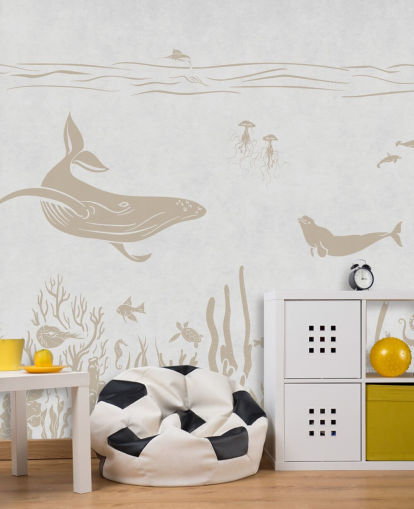 papel de parede de oceano branco chamado Monochrome Sea - Vintage White de Kikki Belle para quartos infantis e creches papel de parede de oceano branco chamado Monochrome Sea - Vintage White de Kikki Belle para quartos infantis e creches