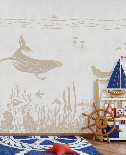 wit oceaanbehang genaamd Monochrome Sea - Vintage White van Kikki Belle voor kinderkamers en kinderdagverblijven
