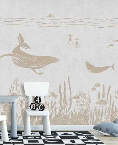 papel de parede de oceano branco chamado Monochrome Sea - Vintage White de Kikki Belle para quartos infantis e creches