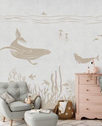 hvitt hav tapet kalt Monochrome Sea - Vintage White av Kikki Belle for barnerom og barnehager