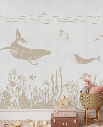 hvidt hav tapet kaldet Monochrome Sea - Vintage White af Kikki Belle til børns soveværelser og planteskoler