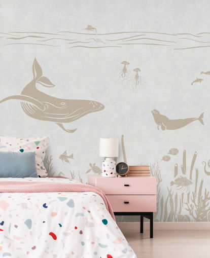 white ocean wallpaper called Monochrome Sea - Vintage White by Kikki Belle for kids bedrooms and nurseries