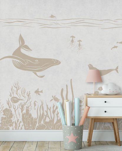 white ocean wallpaper called Monochrome Sea - Vintage White by Kikki Belle for kids bedrooms and nurseries