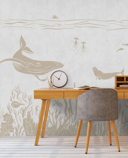 white ocean wallpaper called Monochrome Sea - Vintage White by Kikki Belle for kids bedrooms and nurseries