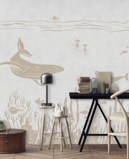 white ocean wallpaper called Monochrome Sea - Vintage White by Kikki Belle for kids bedrooms and nurseries