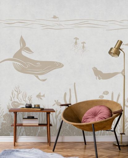 white ocean wallpaper called Monochrome Sea - Vintage White by Kikki Belle for kids bedrooms and nurseries