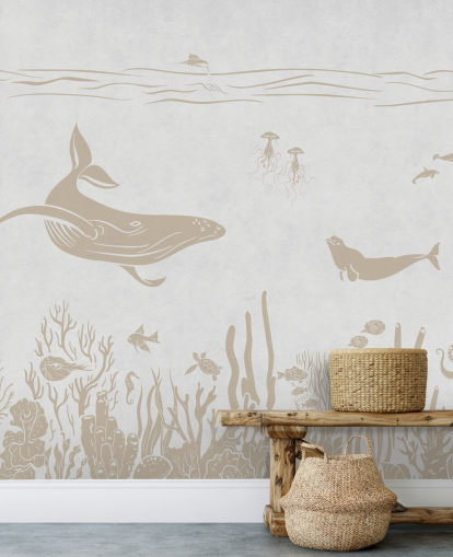 white ocean wallpaper called Monochrome Sea - Vintage White by Kikki Belle for kids bedrooms and nurseries