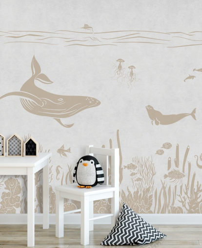 Weiße Ozeantapete namens Monochrome Sea - Vintage White von Kikki Belle für Kinder- und Kinderzimmer