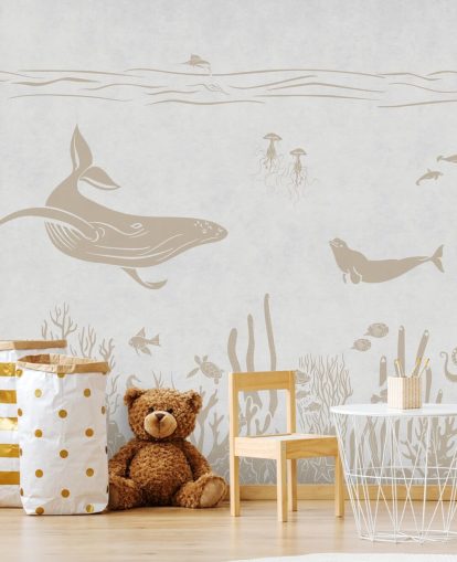 white ocean wallpaper called Monochrome Sea - Vintage White by Kikki Belle for kids bedrooms and nurseries