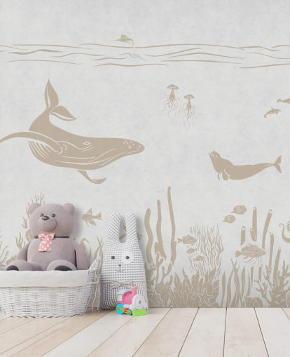 papel pintado blanco con forma de océano llamado Monochrome Sea - Vintage White de Kikki Belle para dormitorios infantiles y guarderías
