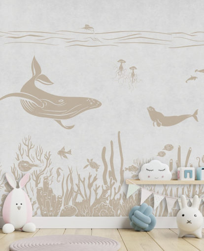 Weiße Ozeantapete namens Monochrome Sea - Vintage White von Kikki Belle für Kinder- und Kinderzimmer