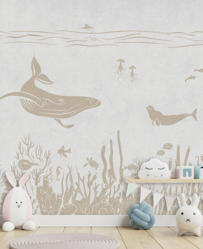 white ocean wallpaper called Monochrome Sea - Vintage White by Kikki Belle for kids bedrooms and nurseries