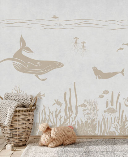 papel de parede de oceano branco chamado Monochrome Sea - Vintage White de Kikki Belle para quartos infantis e creches