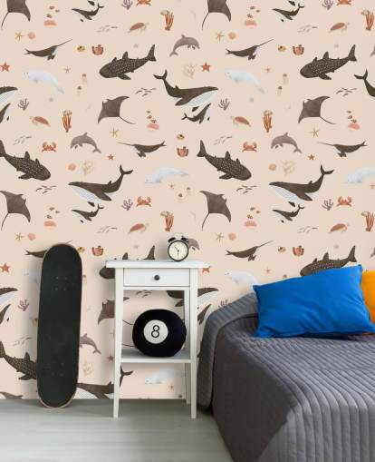 beige children's sea life wallpaper called Beige Splendid Sea by Kikki Belle for kid's bedrooms
