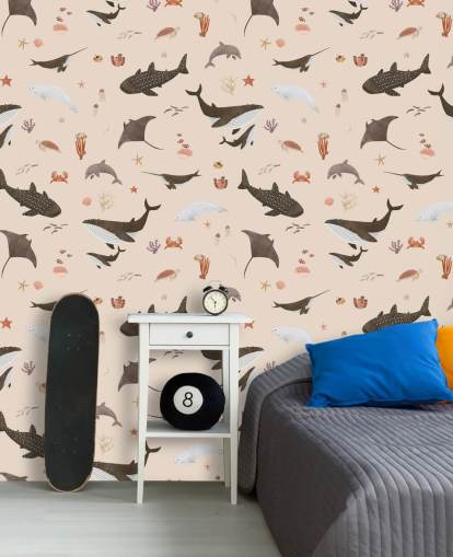 papier peint beige pour enfants Sea Life appelé Beige Splendid Sea de Kikki Belle pour les chambres d'enfants