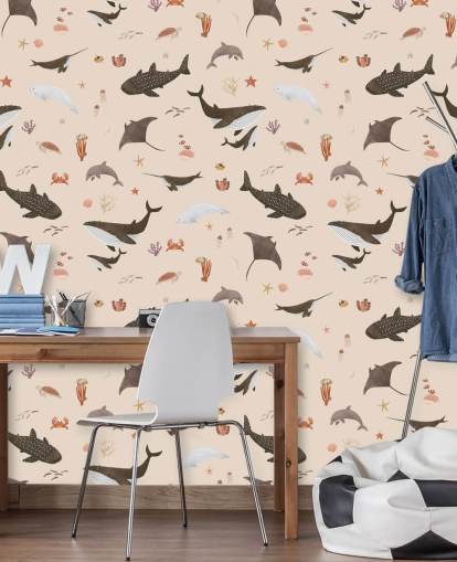 papel de parede bege de vida marinha infantil chamado Beige Splendid Sea de Kikki Belle para quartos infantis papel de parede bege de vida marinha infantil chamado Beige Splendid Sea de Kikki Belle para quartos infantis