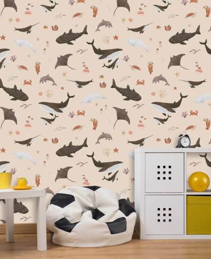 papel de parede bege de vida marinha infantil chamado Beige Splendid Sea de Kikki Belle para quartos infantis