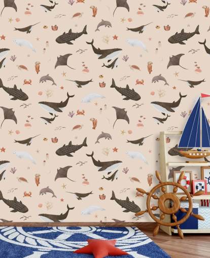 papel de parede bege de vida marinha infantil chamado Beige Splendid Sea de Kikki Belle para quartos infantis papel de parede bege de vida marinha infantil chamado Beige Splendid Sea de Kikki Belle para quartos infantis