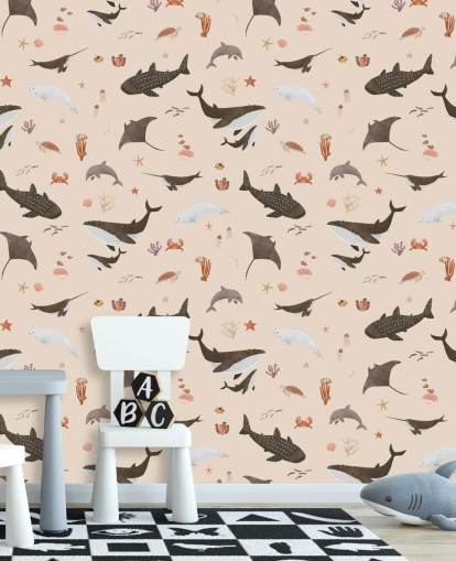 beige zeeleven behang voor kinderen genaamd Beige Splendid Sea van Kikki Belle voor kinderkamers