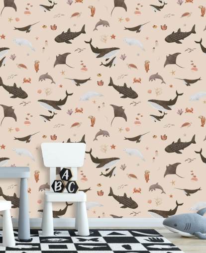 beige Meereslebenstapete für Kinder namens Beige Splendid Sea von Kikki Belle für Kinderzimmer