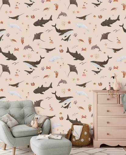 papel pintado infantil beige de la vida marina llamado Beige Splendid Sea de Kikki Belle para dormitorios infantiles