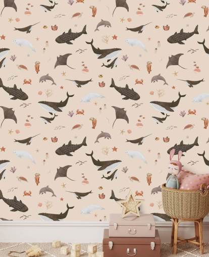 beige children's sea life wallpaper called Beige Splendid Sea by Kikki Belle for kid's bedrooms