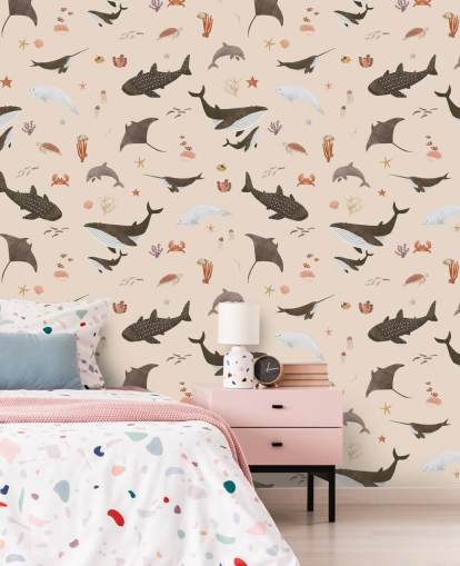 beige Meereslebenstapete für Kinder namens Beige Splendid Sea von Kikki Belle für Kinderzimmer
