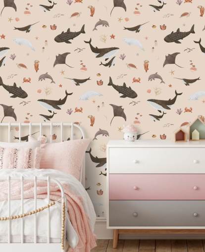 beige barns havsliv tapet som heter Beige Splendid Sea av Kikki Belle för barnens sovrum