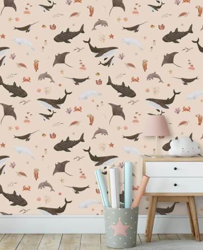 beige Meereslebenstapete für Kinder namens Beige Splendid Sea von Kikki Belle für Kinderzimmer beige Meereslebenstapete für Kinder namens Beige Splendid Sea von Kikki Belle für Kinderzimmer