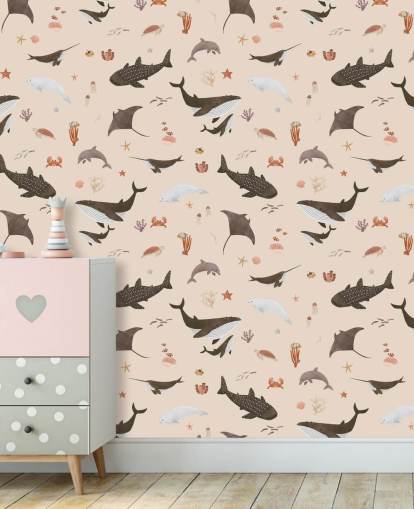 beige barns havsliv tapet som heter Beige Splendid Sea av Kikki Belle för barnens sovrum