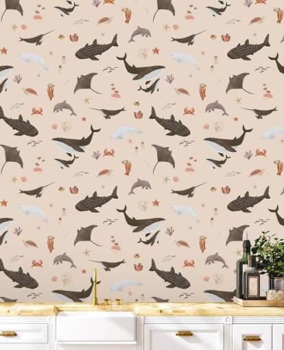 beige children's sea life wallpaper called Beige Splendid Sea by Kikki Belle for kid's bedrooms beige children's sea life wallpaper called Beige Splendid Sea by Kikki Belle for kid's bedrooms
