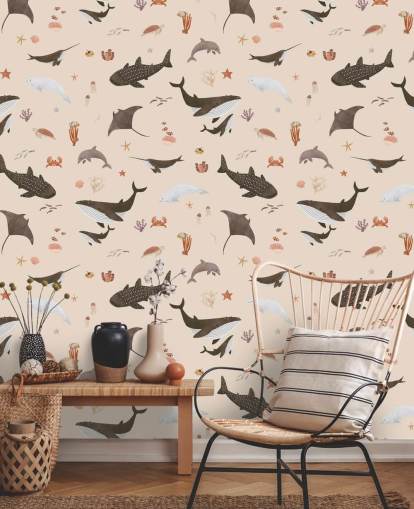 beige children's sea life wallpaper called Beige Splendid Sea by Kikki Belle for kid's bedrooms