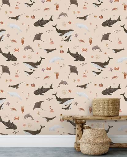 beige children's sea life wallpaper called Beige Splendid Sea by Kikki Belle for kid's bedrooms beige children's sea life wallpaper called Beige Splendid Sea by Kikki Belle for kid's bedrooms