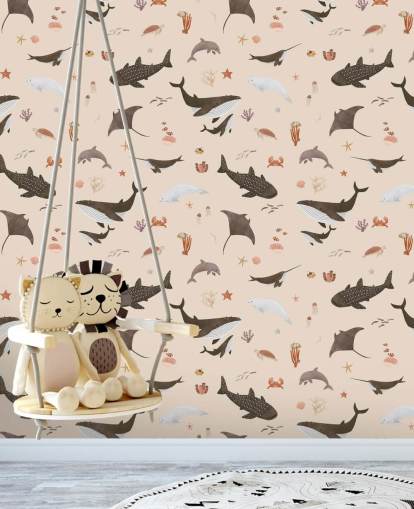 papel de parede bege de vida marinha infantil chamado Beige Splendid Sea de Kikki Belle para quartos infantis