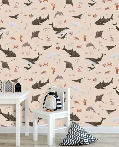 beige children's sea life wallpaper called Beige Splendid Sea by Kikki Belle for kid's bedrooms