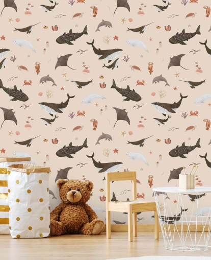 beige barnas sjøliv tapet kalt Beige Splendid Sea av Kikki Belle for barnas soverom beige barnas sjøliv tapet kalt Beige Splendid Sea av Kikki Belle for barnas soverom