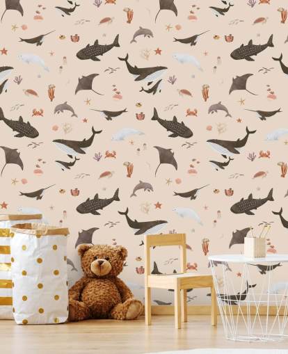 papel de parede bege de vida marinha infantil chamado Beige Splendid Sea de Kikki Belle para quartos infantis