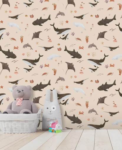 beige barnas sjøliv tapet kalt Beige Splendid Sea av Kikki Belle for barnas soverom