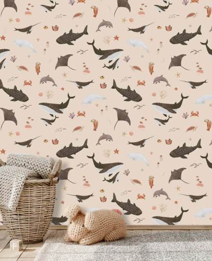 beige zeeleven behang voor kinderen genaamd Beige Splendid Sea van Kikki Belle voor kinderkamers