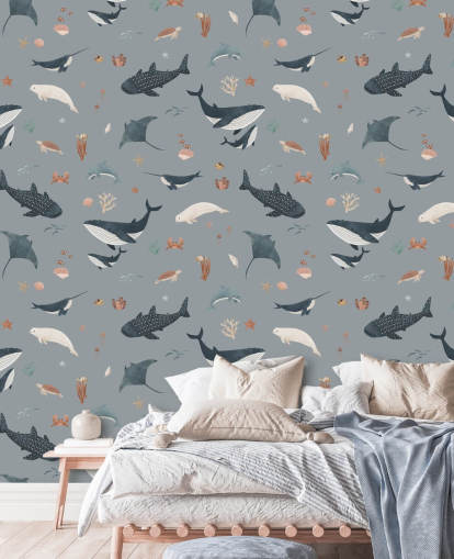 blauwe behangmuurschildering met zeeleven voor kinderen genaamd Blue Splendid Sea van Kikki Belle voor kinderkamers